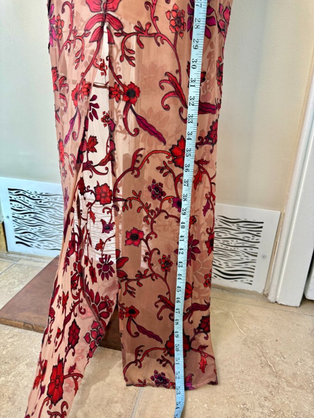 For Love & Lemons Sheer Mauve Chiffon Dress w/ Red & Pink Floral Print, Maxi, S - Picture 9 of 16